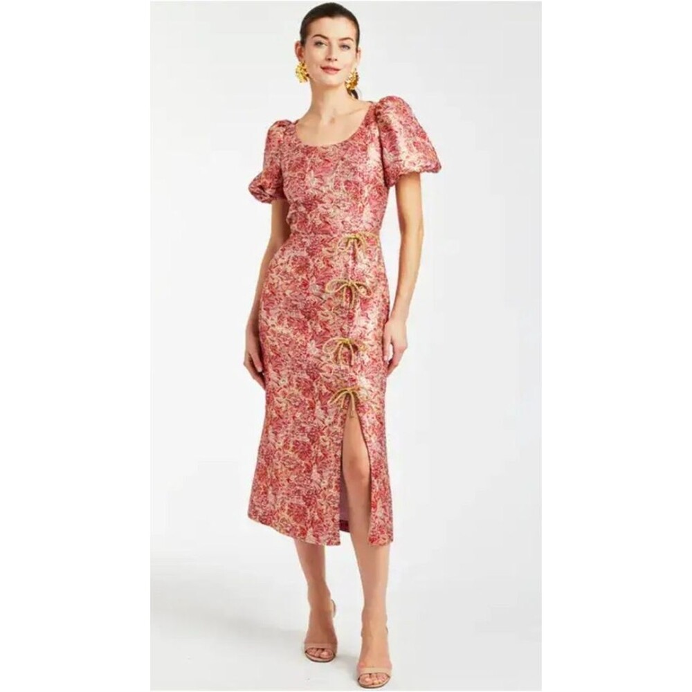 Mestiza New York Midi Dress Pia Puff Sleeve Metallic Ribbons Size 6